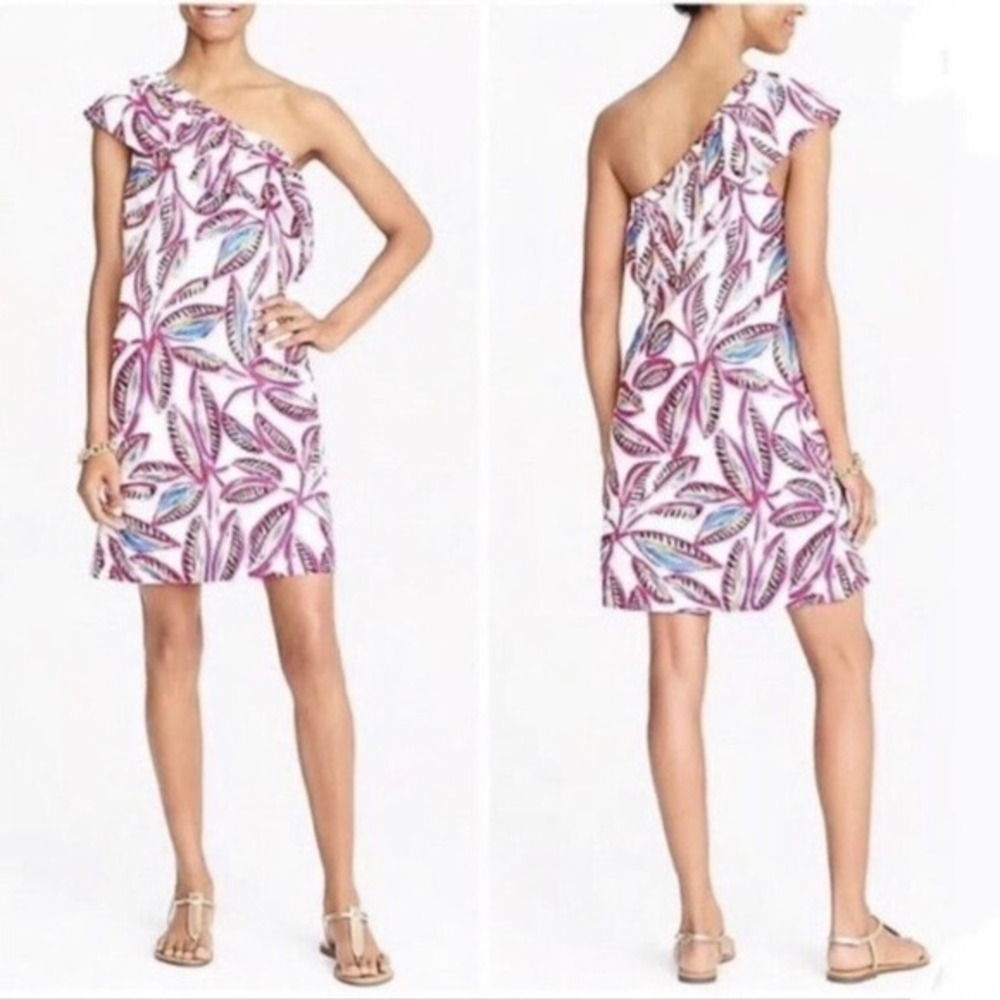 J Crew tropical leaf Floral One Shoulder Dress Ruffle Sleeveless J0954 hawaii XS